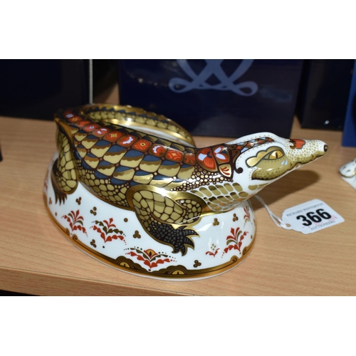 366 - A BOXED ROYAL CROWN DERBY 'CROCODILE' PAPERWEIGHT, with gold stopper, red printed backstamp and date... 