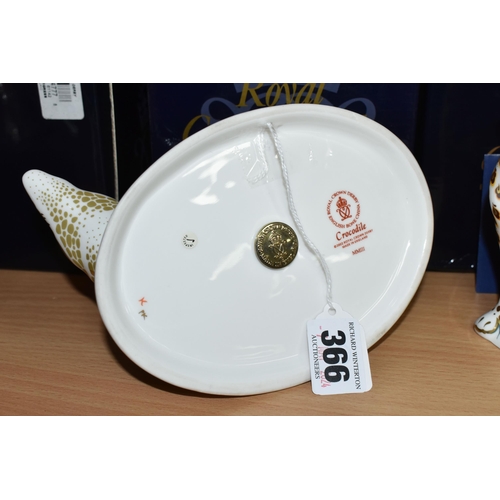 366 - A BOXED ROYAL CROWN DERBY 'CROCODILE' PAPERWEIGHT, with gold stopper, red printed backstamp and date... 