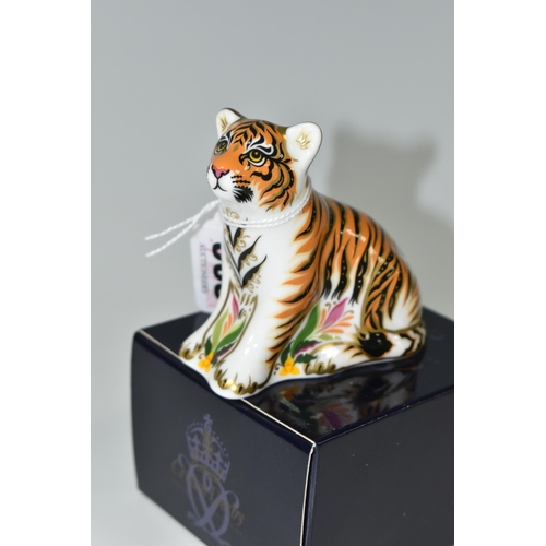 368 - A BOXED ROYAL CROWN DERBY 'SUMATRAN TIGER CUB' PAPERWEIGHT, with gold stopper, red printed backstamp... 