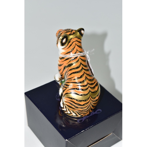 368 - A BOXED ROYAL CROWN DERBY 'SUMATRAN TIGER CUB' PAPERWEIGHT, with gold stopper, red printed backstamp... 