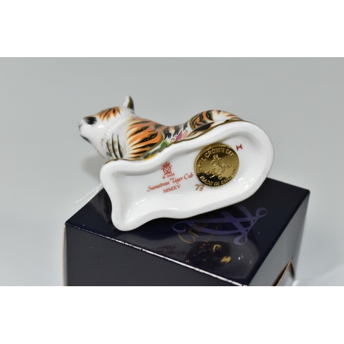 368 - A BOXED ROYAL CROWN DERBY 'SUMATRAN TIGER CUB' PAPERWEIGHT, with gold stopper, red printed backstamp... 