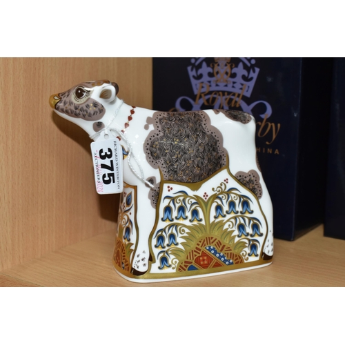 375 - A BOXED ROYAL CROWN DERBY 'BLUEBELL CALF' PAPERWEIGHT, with gold stopper, red printed backstamp and ... 