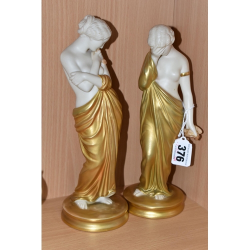 376 - A PAIR OF ROYAL WORCESTER 'SORROW' AND 'JOY' FIGURES, with gilt robes, bearing puce backstamps, no 2... 