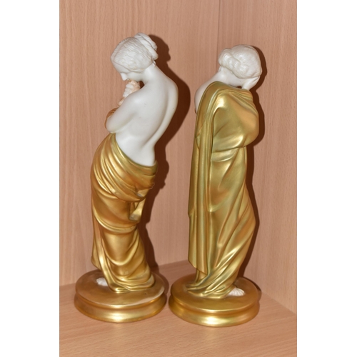 376 - A PAIR OF ROYAL WORCESTER 'SORROW' AND 'JOY' FIGURES, with gilt robes, bearing puce backstamps, no 2... 