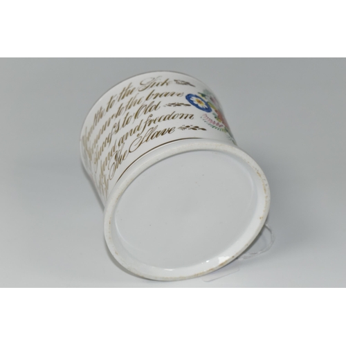 378 - A PORCELAIN ANTI-SLAVERY MUG, bearing gilt script lettering: 'Health to the sick, Honour to the brav... 