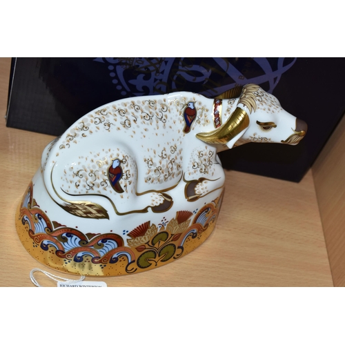 391 - A BOXED ROYAL CROWN DERBY 'WATER BUFFALO' PAPERWEIGHT, with gold stopper, red printed backstamp and ... 