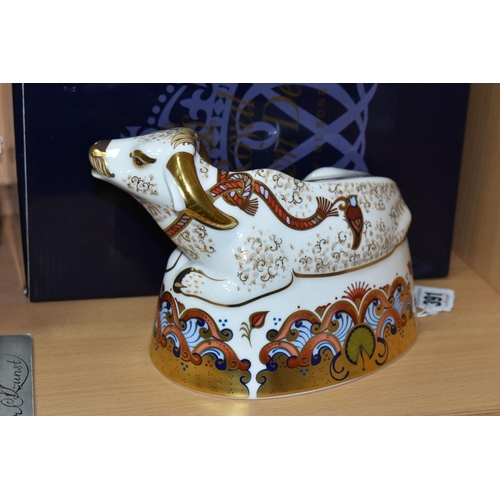 391 - A BOXED ROYAL CROWN DERBY 'WATER BUFFALO' PAPERWEIGHT, with gold stopper, red printed backstamp and ... 