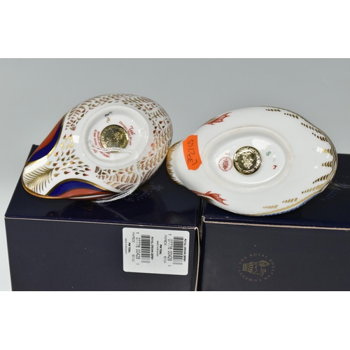 401 - TWO BOXED ROYAL CROWN DERBY PAPERWEIGHTS, comprising Teal and Duck, each with gold stopper, red prin... 