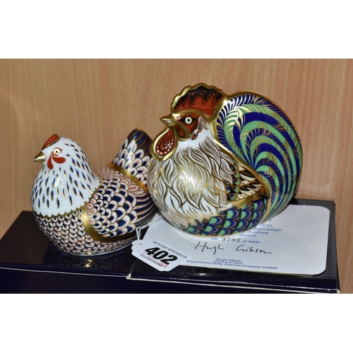 402 - TWO BOXED ROYAL CROWN DERBY PAPERWEIGHTS, comprising limited edition Farmyard Cockerel, with certifi... 