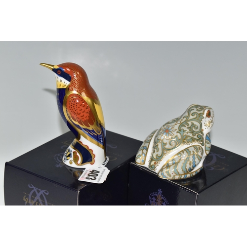 403 - TWO BOXED ROYAL CROWN DERBY PAPERWEIGHTS, comprising Bee-eater and Marsh Frog, each with gold stoppe... 