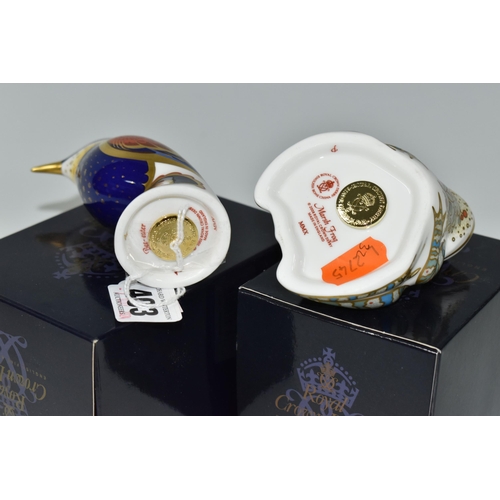 403 - TWO BOXED ROYAL CROWN DERBY PAPERWEIGHTS, comprising Bee-eater and Marsh Frog, each with gold stoppe... 