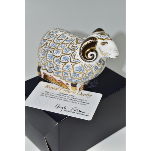 404 - A BOXED LIMITED EDITION ROYAL CROWN DERBY 'PREMIER RAM' PAPERWEIGHT, a Royal Crown Derby visitor cen... 