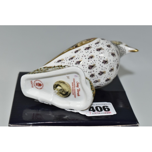 406 - A BOXED ROYAL CROWN DERBY 'SONG THRUSH' PAPERWEIGHT, having a gold stopper, red printed backstamp an... 