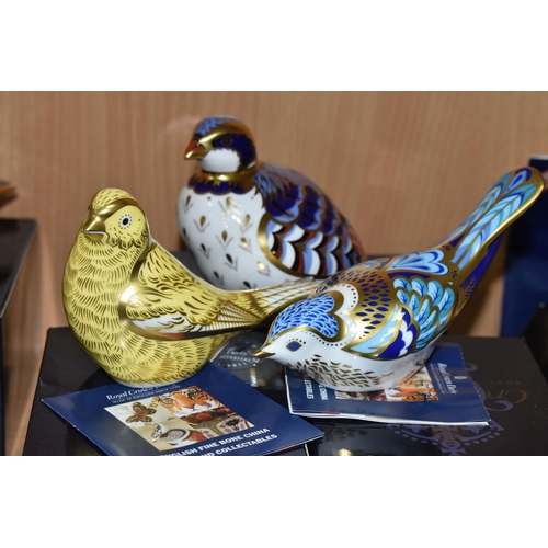 411 - THREE BOXED ROYAL CROWN DERBY PAPERWEIGHTS, 'Red Legged Partridge', 'Mountain Bluebird' and 'Canary'... 