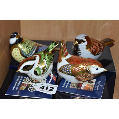 412 - FOUR BOXED ROYAL CROWN DERBY PAPERWEIGHTS, 'Firecrest 2009', 'Manifold Wren', 'Great Tit' and 'House... 