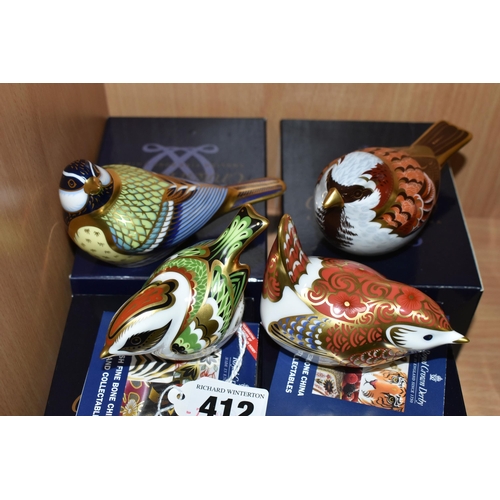 412 - FOUR BOXED ROYAL CROWN DERBY PAPERWEIGHTS, 'Firecrest 2009', 'Manifold Wren', 'Great Tit' and 'House... 