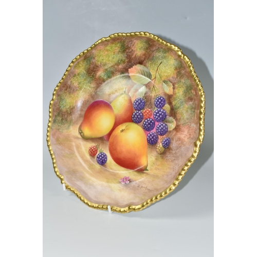 415 - A ROYAL WORCESTER flower shaped cabinet plate, with gilt gadrooned edge, decorated with hand painted... 