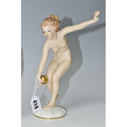 418 - TWO 1930s HUTSCHENREUTHER PORCELAIN NUDE FIGURES, two Art Deco figures comprising 'Ball Player', hei... 