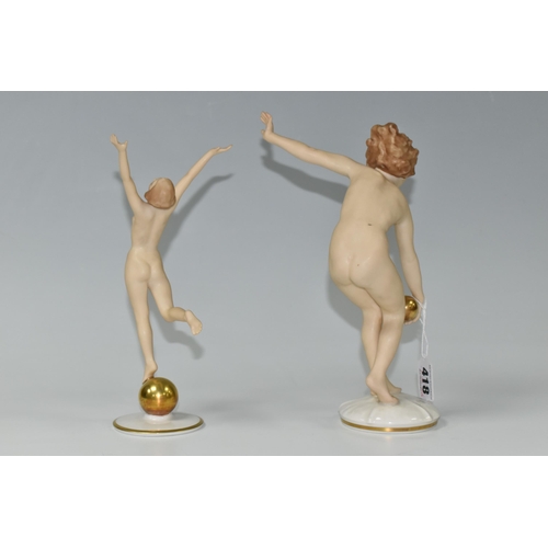 418 - TWO 1930s HUTSCHENREUTHER PORCELAIN NUDE FIGURES, two Art Deco figures comprising 'Ball Player', hei... 