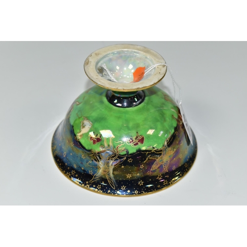 420 - A WEDGWOOD FAIRYLAND LUSTRE FOOTED BOWL,  decorated with a mother of pearl lustre with fairies in va... 