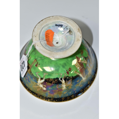 420 - A WEDGWOOD FAIRYLAND LUSTRE FOOTED BOWL,  decorated with a mother of pearl lustre with fairies in va... 