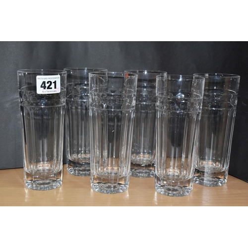 421 - A SET OF SIX CUMBRIA CRYSTAL 'HELVELLYN' PATTERN LARGE HIGHBALL TUMBLERS, comprising a set of six gl... 