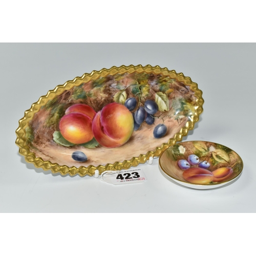 423 - TWO ROYAL WORCESTER TRINKET DISHES, comprising an oval trinket dish decorated with fallen fruit and ... 