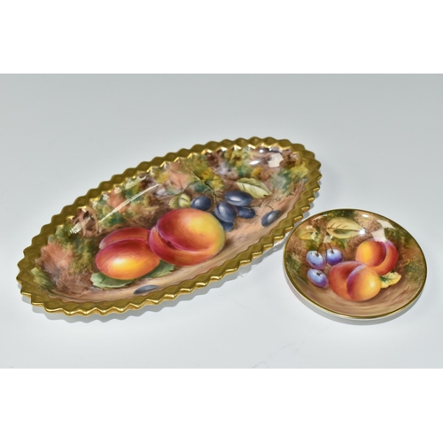 423 - TWO ROYAL WORCESTER TRINKET DISHES, comprising an oval trinket dish decorated with fallen fruit and ... 