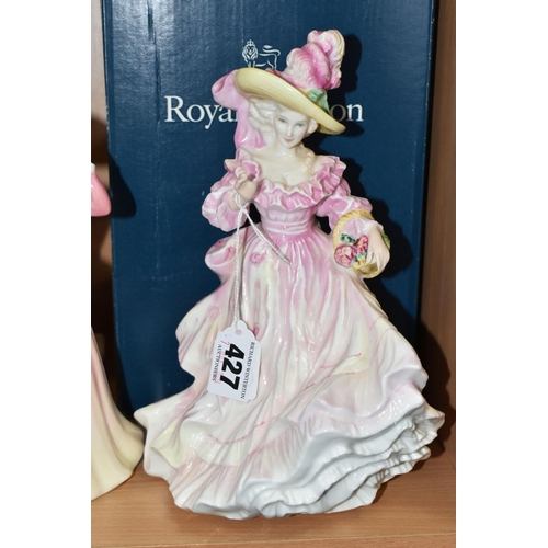 427 - FIVE ROYAL DOULTON FIGURINES, comprising a boxed 'Flowers Of Love' Camellias HN3701 and Rose HN3709,... 