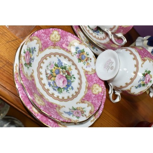 436 - A ROYAL ALBERT 'LADY CARLYLE' PATTERN TEA SET FOR TWO, comprising a small teapot, milk jug, sugar bo... 