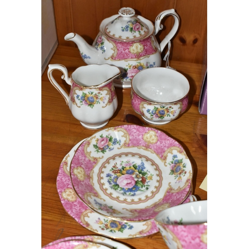 436 - A ROYAL ALBERT 'LADY CARLYLE' PATTERN TEA SET FOR TWO, comprising a small teapot, milk jug, sugar bo... 