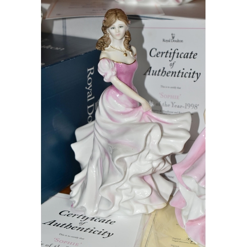 437 - A GROUP OF FIVE ROYAL DOULTON FIGURINES, comprising two 'Sophie' Lady of the Year 1998 figures with ... 