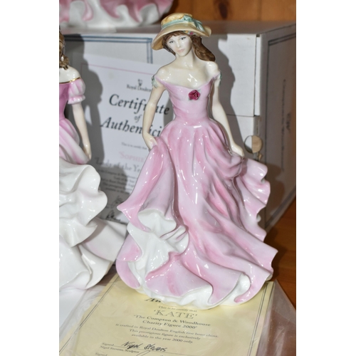 437 - A GROUP OF FIVE ROYAL DOULTON FIGURINES, comprising two 'Sophie' Lady of the Year 1998 figures with ... 