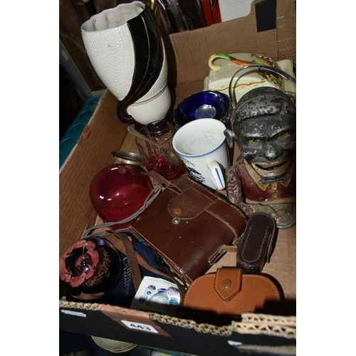 443 - TWO BOXES OF BOOKS AND SUNDRIES, to include a vintage brown faux fur coat, large brass circular tabl... 