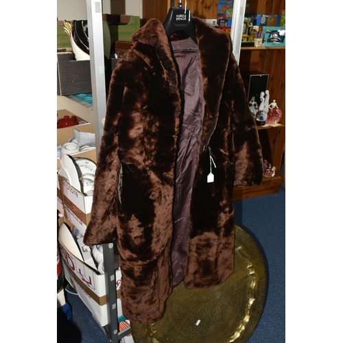 443 - TWO BOXES OF BOOKS AND SUNDRIES, to include a vintage brown faux fur coat, large brass circular tabl... 