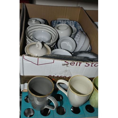 444 - SEVEN BOXES OF CERAMICS AND KITCHENWARE, to include Berndes oven dishes, Royal Doulton 'Gordon Ramsa... 