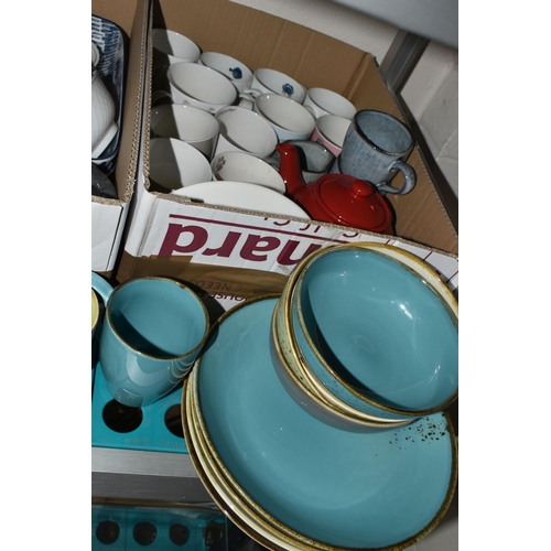 444 - SEVEN BOXES OF CERAMICS AND KITCHENWARE, to include Berndes oven dishes, Royal Doulton 'Gordon Ramsa... 