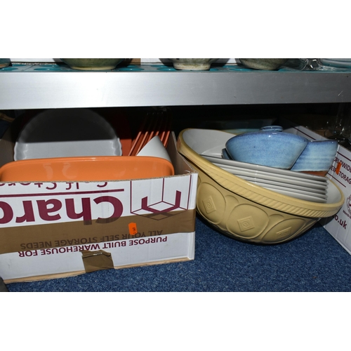 444 - SEVEN BOXES OF CERAMICS AND KITCHENWARE, to include Berndes oven dishes, Royal Doulton 'Gordon Ramsa... 