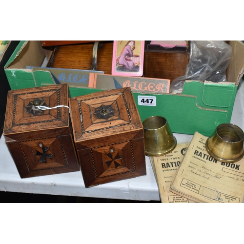 447 - TWO BOXES AND LOOSE BOOKS, EPHEMERA AND SUNDRY ITEMS, to include two small trench art vases, one wit... 