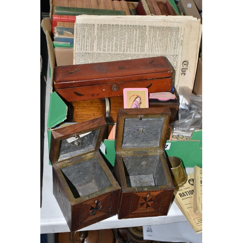 447 - TWO BOXES AND LOOSE BOOKS, EPHEMERA AND SUNDRY ITEMS, to include two small trench art vases, one wit... 