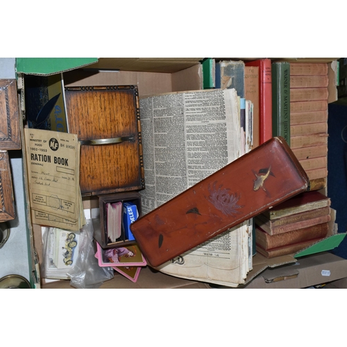 447 - TWO BOXES AND LOOSE BOOKS, EPHEMERA AND SUNDRY ITEMS, to include two small trench art vases, one wit... 