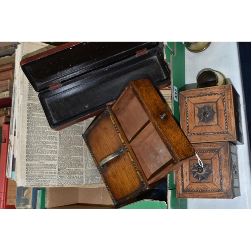 447 - TWO BOXES AND LOOSE BOOKS, EPHEMERA AND SUNDRY ITEMS, to include two small trench art vases, one wit... 