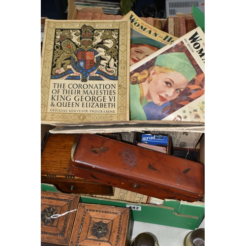 447 - TWO BOXES AND LOOSE BOOKS, EPHEMERA AND SUNDRY ITEMS, to include two small trench art vases, one wit... 