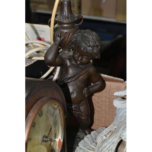 451 - A BOX OF SUNDRY ITEMS, to include a bronzed figural table lamp depicting a putto, signed in mould WH... 