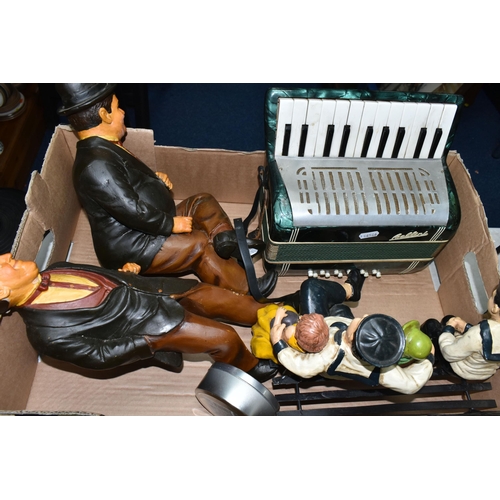 453 - TWO BOXES AND LOOSE METALWARE, ACCORDIAN AND SUNDRY ITEMS, to include a small Bellini accordian, bra... 