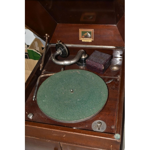 457 - AN EARLY 20TH CENTURY MAHOGANY STAINED HMV TABLE TOP GRAMOPHONE, fitted with an HMV No.4 soundbox wi... 