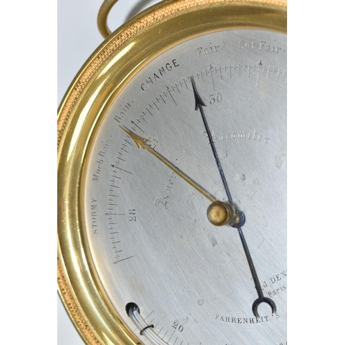 470 - A LATE 19TH CENTURY ANEROID BAROMETER BY E.J. DENT OF PARIS, in a circular brass case with hanging l... 