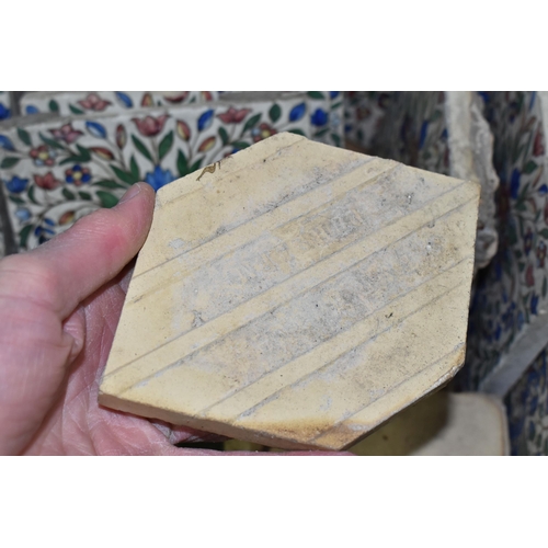 490 - A BOX CONTAINING A SELECTION OF CERAMIC TILES INCLUDING BURSLEM AND WILLIAM DE MORGAN STYLE, twenty ... 