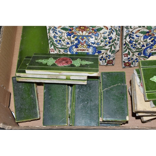 490 - A BOX CONTAINING A SELECTION OF CERAMIC TILES INCLUDING BURSLEM AND WILLIAM DE MORGAN STYLE, twenty ... 