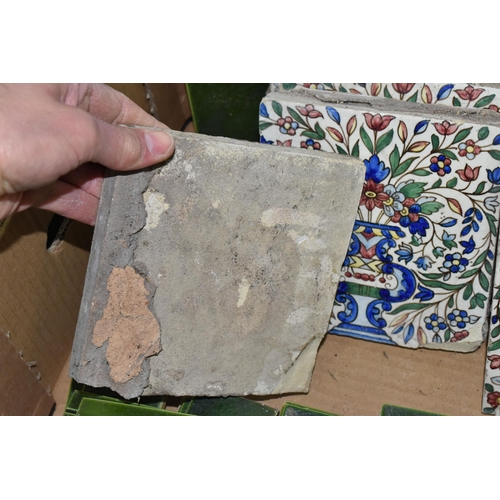 490 - A BOX CONTAINING A SELECTION OF CERAMIC TILES INCLUDING BURSLEM AND WILLIAM DE MORGAN STYLE, twenty ... 